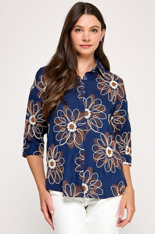 Embroidery Detail Graphic Button Shirt In Navy