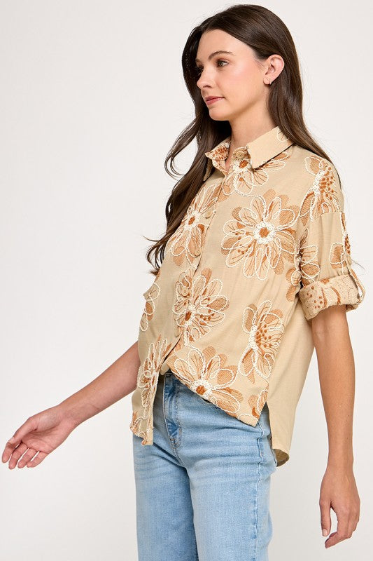 Embroidery Detail Graphic Button Shirt In Khaki