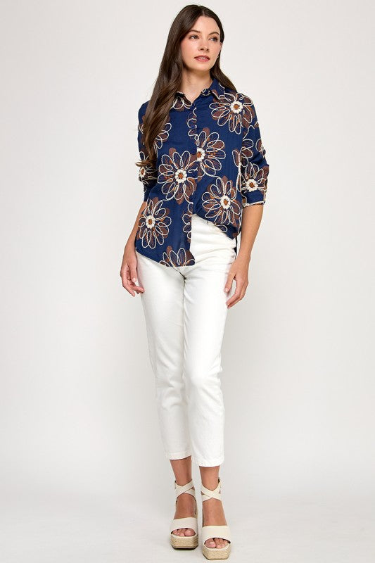 Embroidery Detail Graphic Button Shirt In Navy
