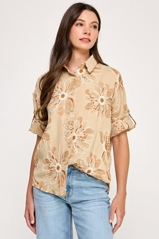 Embroidery Detail Graphic Button Shirt In Khaki