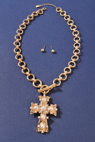 Cross Bead Pendant Circle Toggle Clasp Necklace
