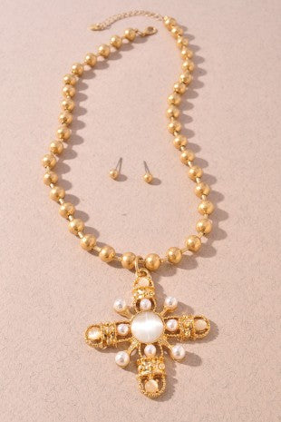 Baroque Cross W Ball Chain Necklace Earring Set