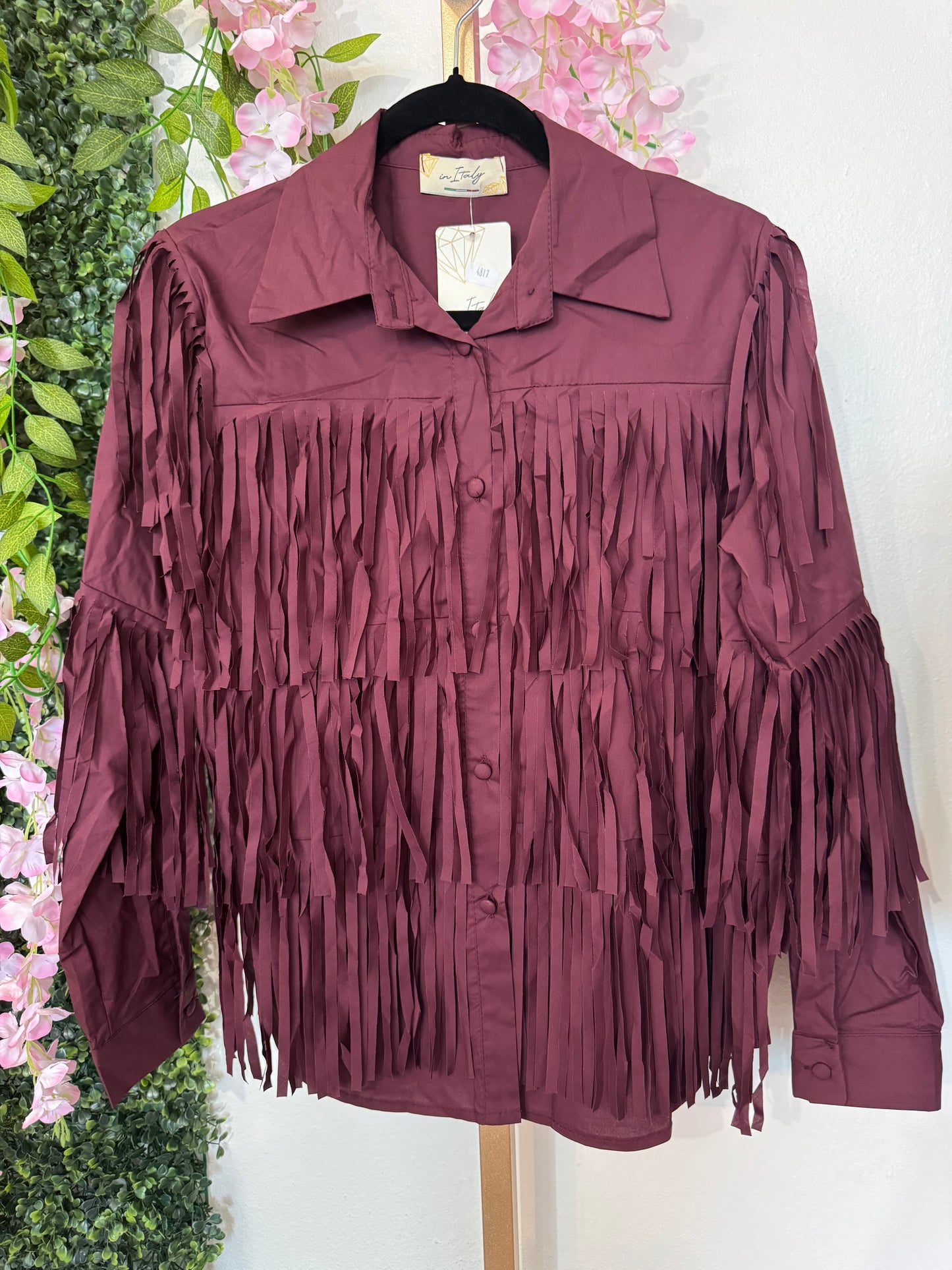 Italian Fringes Button Down Top Wine
