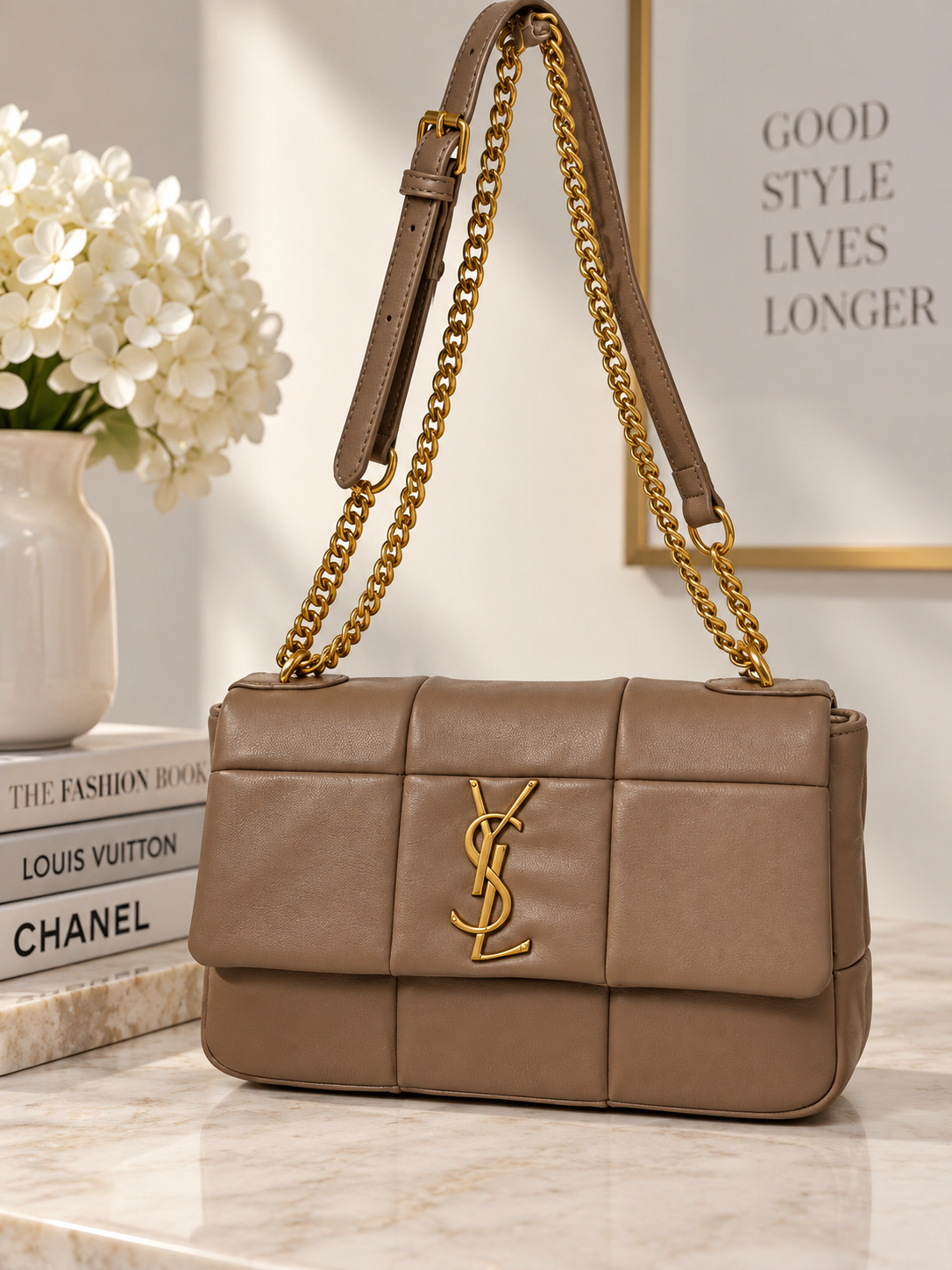 Brown Designer-Inspired Luxe Padded Chain Shoulder Bag
