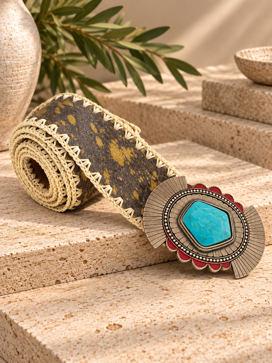 Indian Metallic Cowhide Turquoise Statement Leather Belt