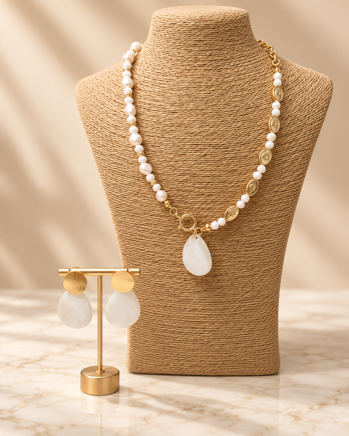 Ivory Shell & Pearl Gold Necklace and Earrings Set