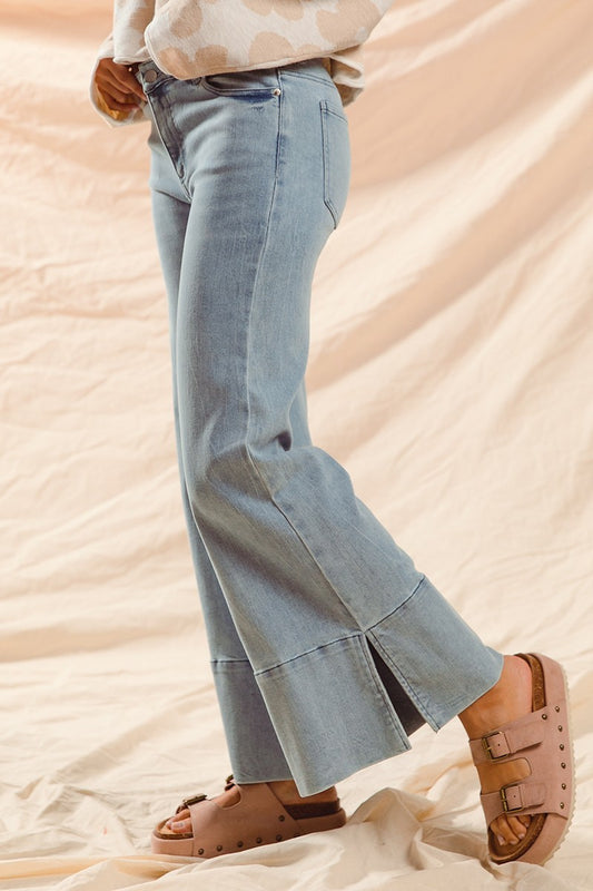 WIDE LEG FLARE DENIM JEANS WITH SIDE SLITS