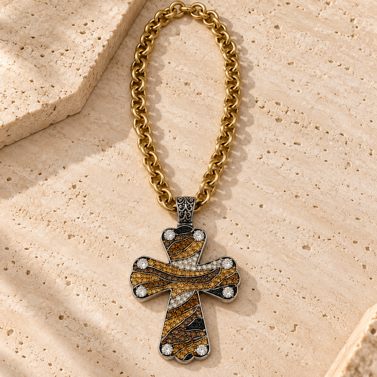 Golden Wave Crystal Cross Necklace