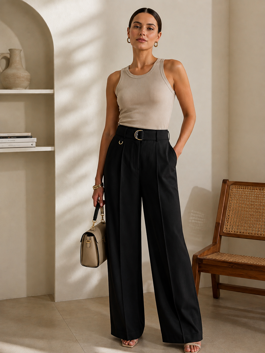 Sophia High-Waisted Belted Wide-Leg Pants Black