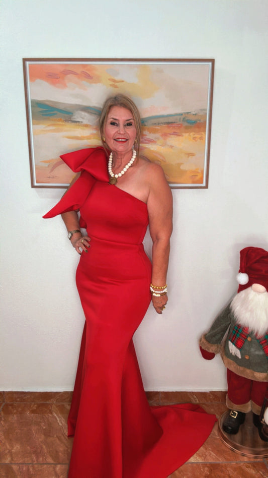 One Shoulder Bow Maxi Dress Red