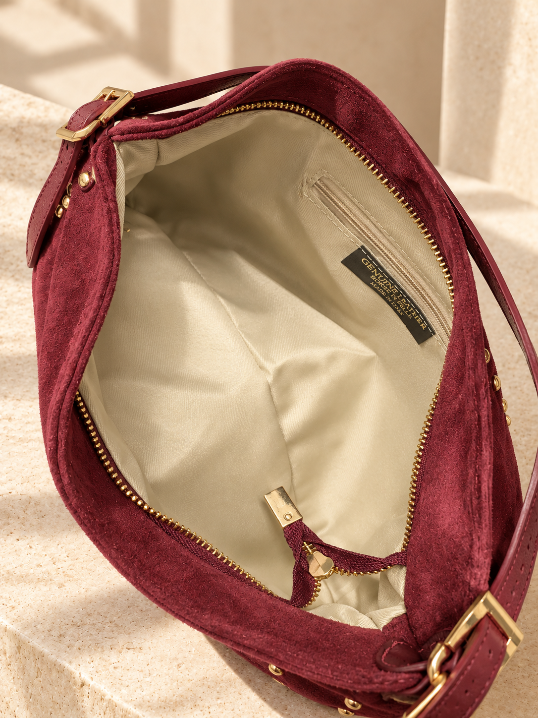 Burgundy Italian Studded Suede Shoulder Bag