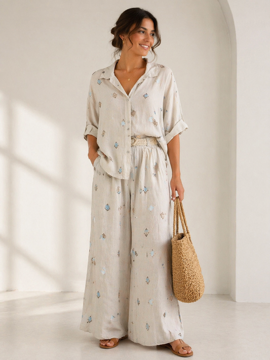 Linen Embroidery Beige Set