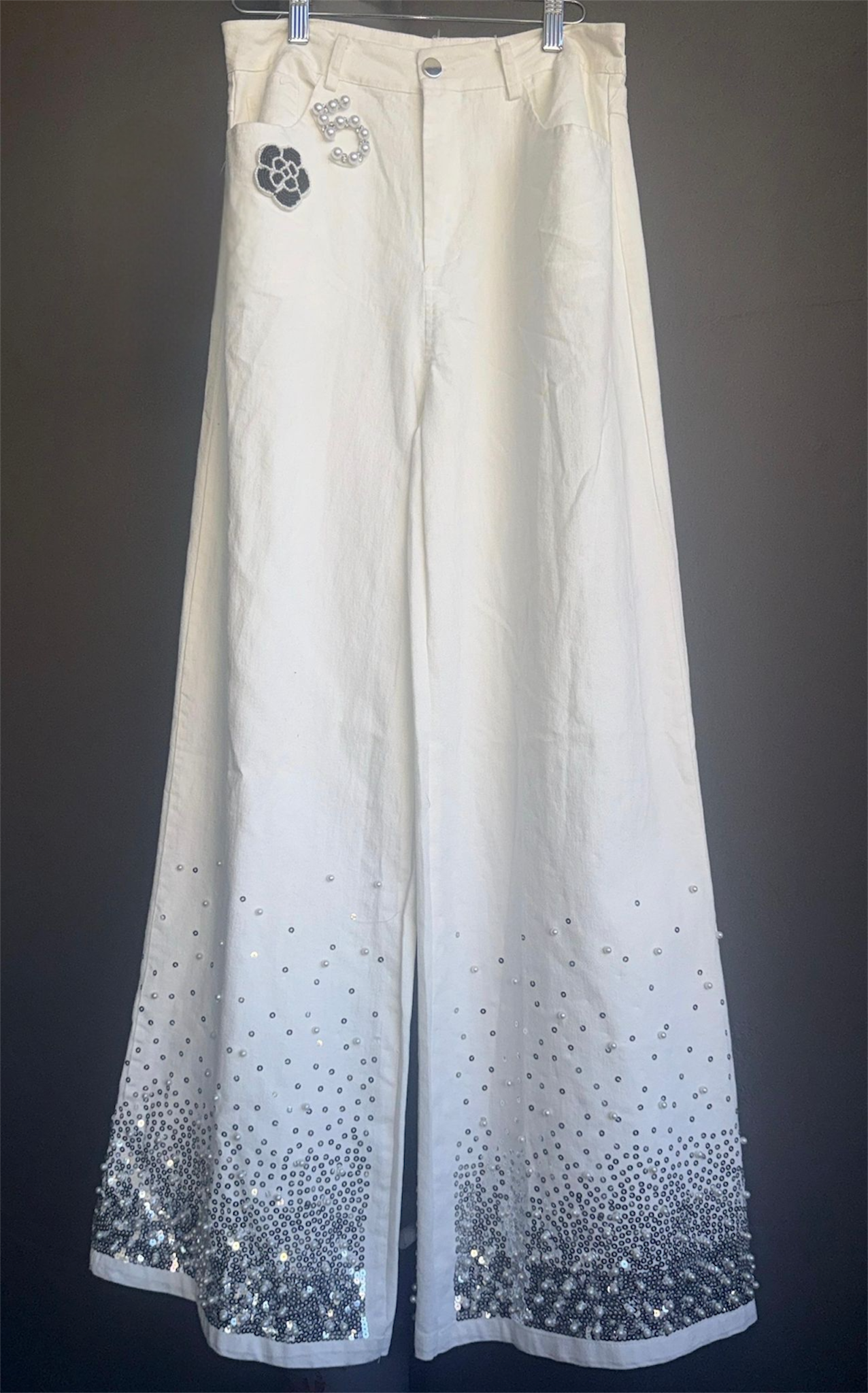 White Wide-Leg Denim Pants with Ombre Rhinestone Details