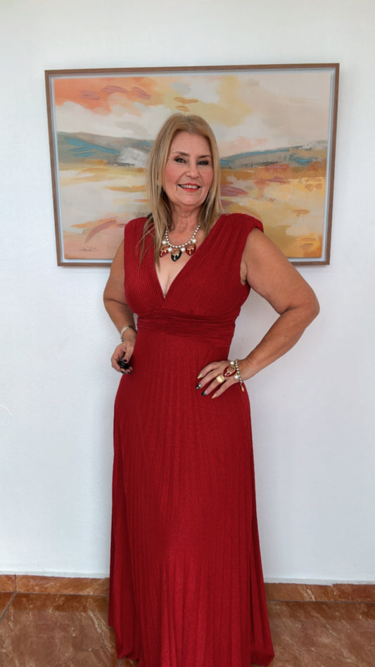 Italian Sleeveless V-neck pleated Maxi Dress Red