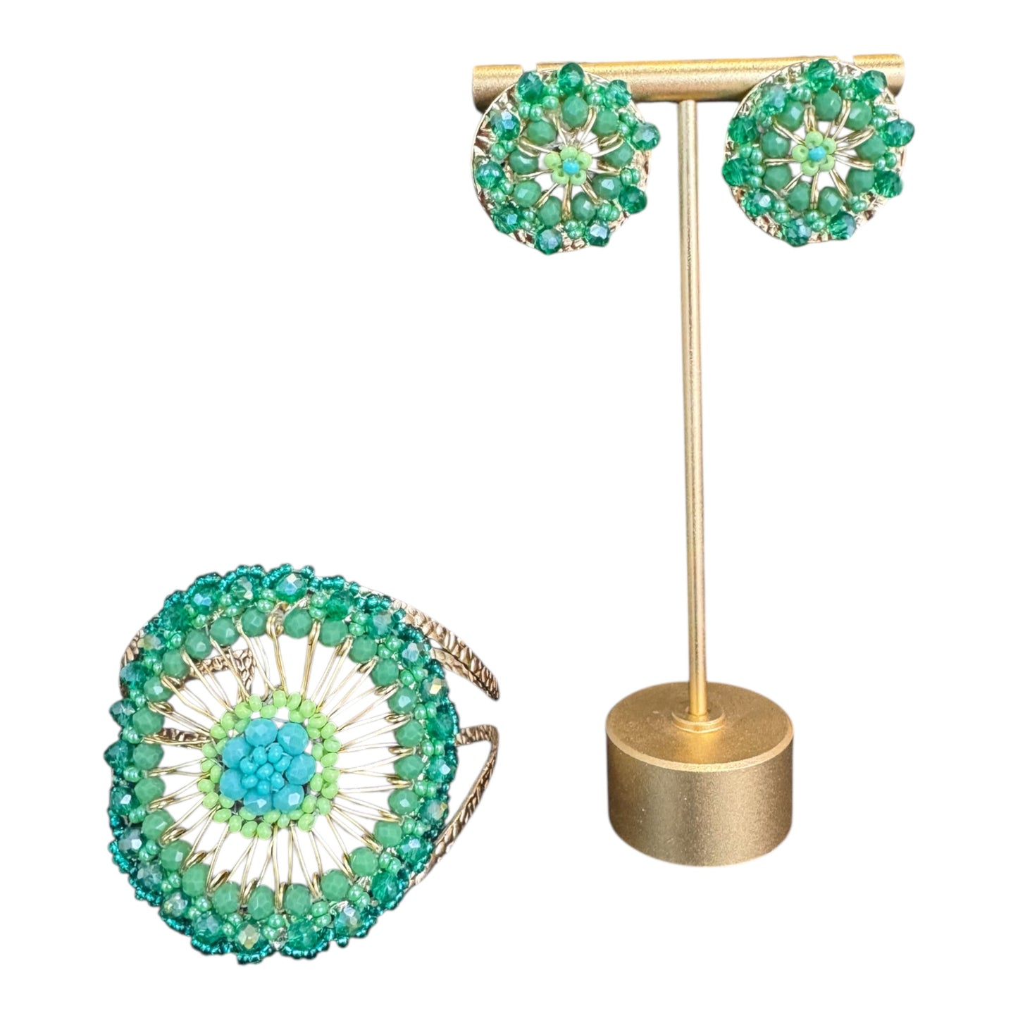 Handcrafted Bracelet and  Earring Set Green Gold