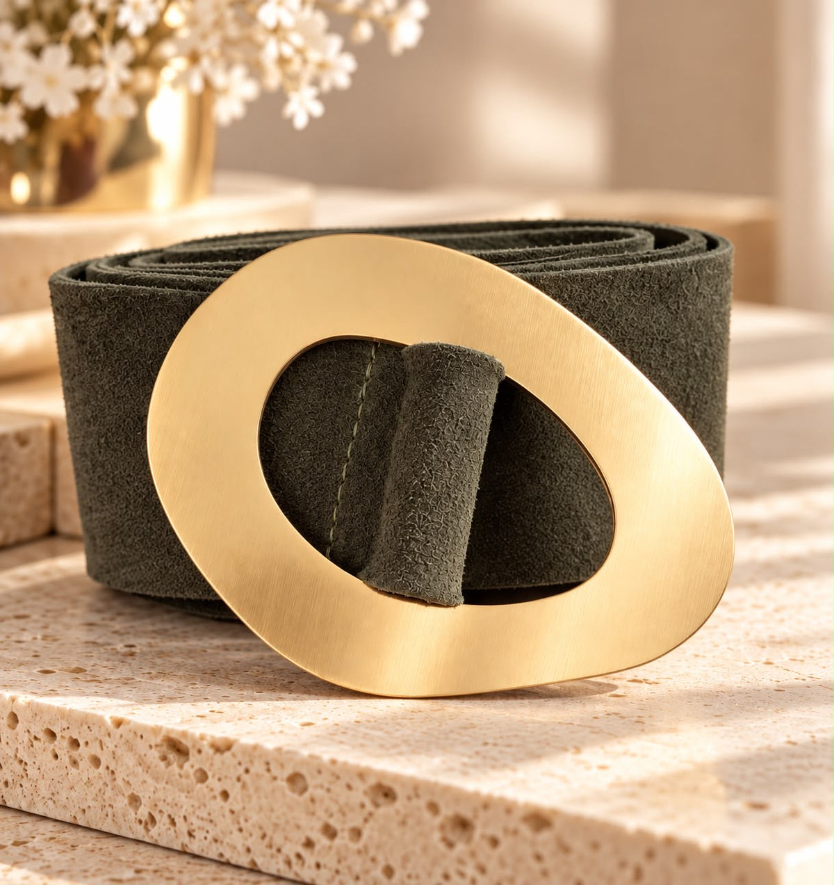Olive Suede Geometric Gold Buckle Belt