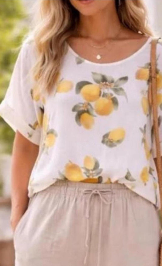 Italian Linen Lemon Print Relaxed Fit Blouse