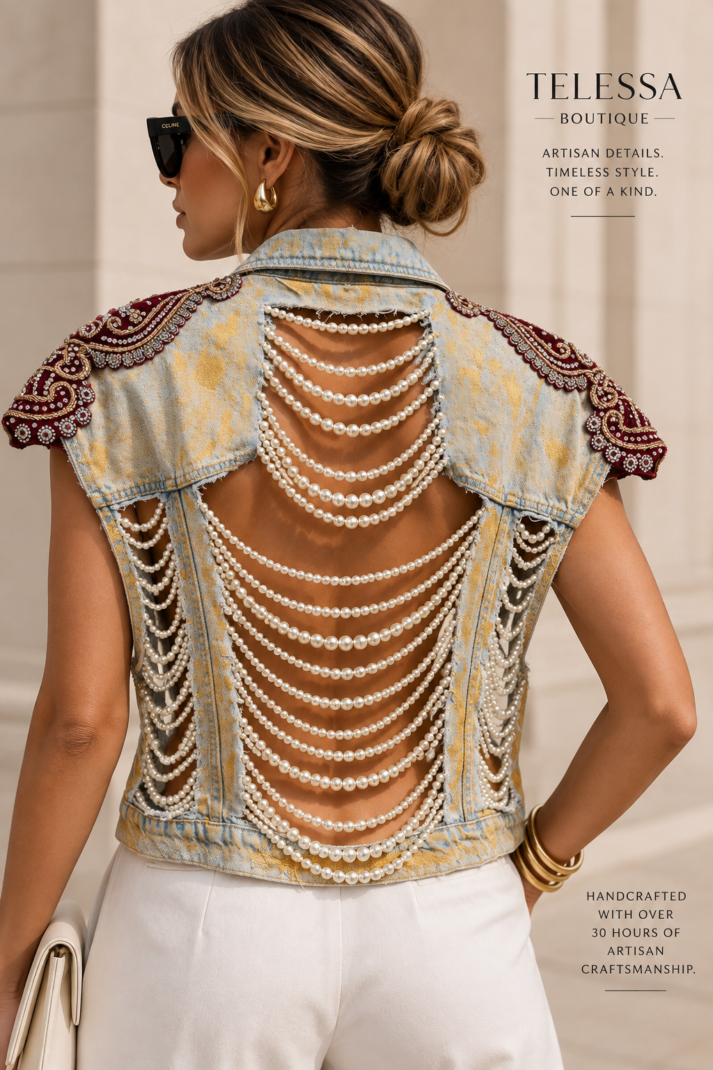 One-of-a-Kind Artisan Embellished Denim Vest Wine/Gold
