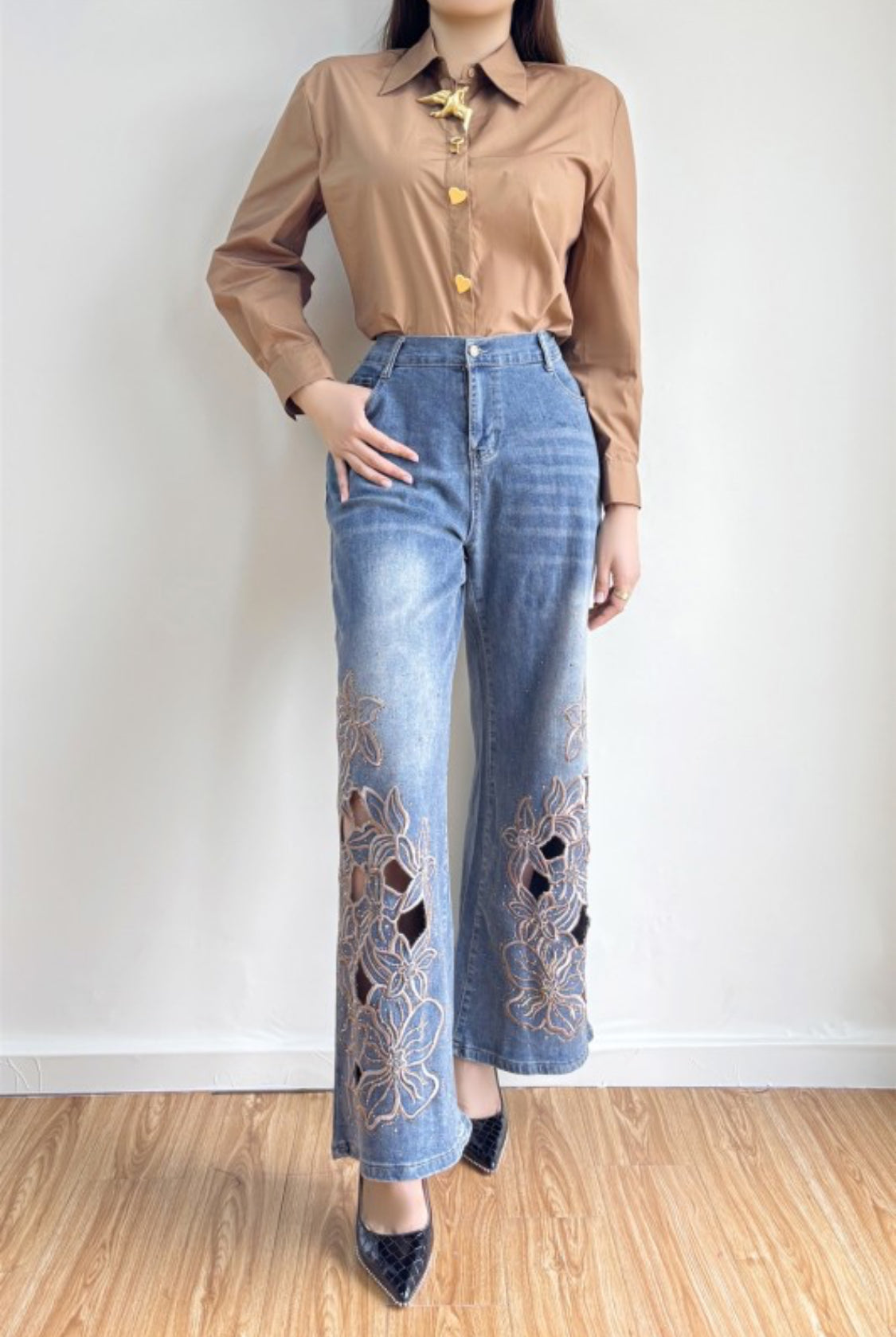 Wide Leg Jean With Floral Cutouts Embroidery