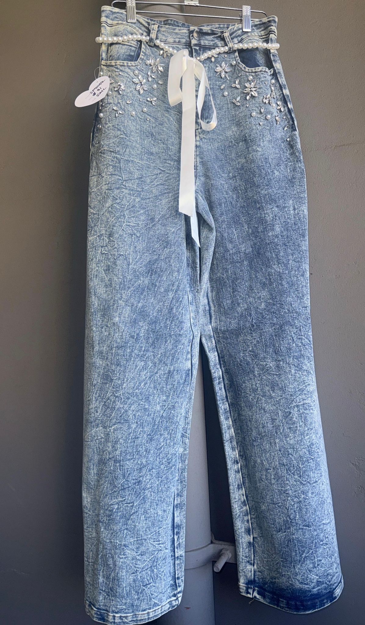 Wide-Leg Jeans with Pearl & Rhinestone Details