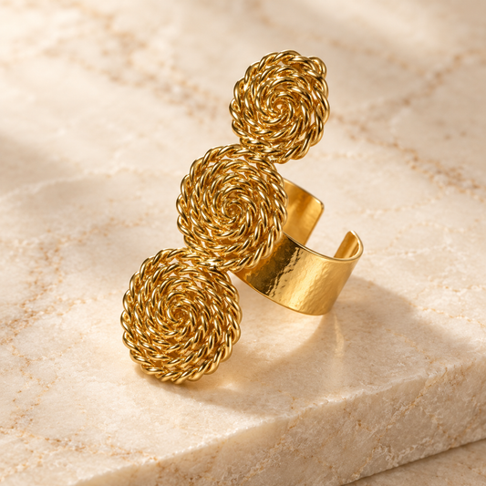 Golden Triple Rosette Statement Ring – Adjustable