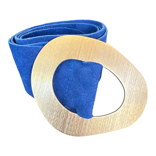 Blue Suede Geometric Gold Buckle Belt