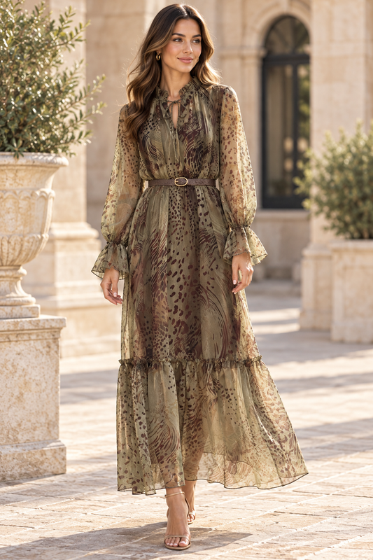 Green Animal Print Ruffle Maxi Dress
