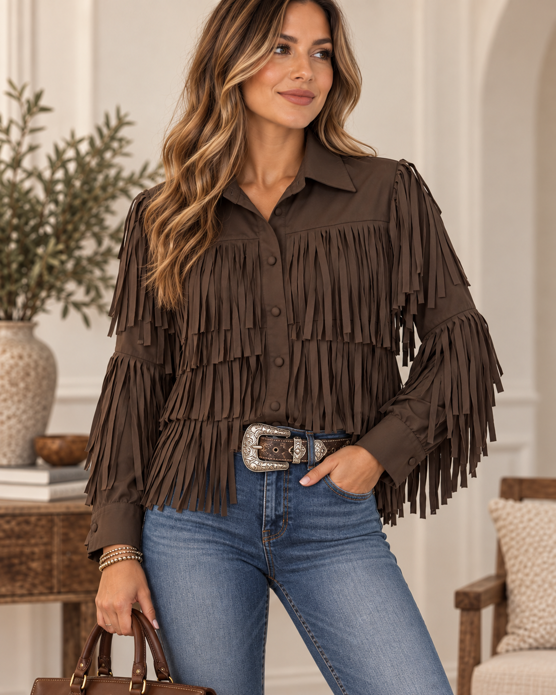 Italian Fringes Button Down Top Brown