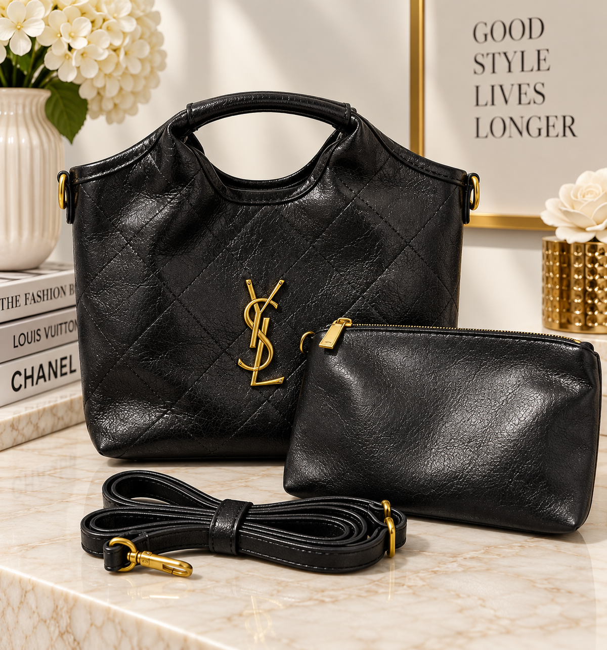 Designer-Inspired Quilted Top Bag Black