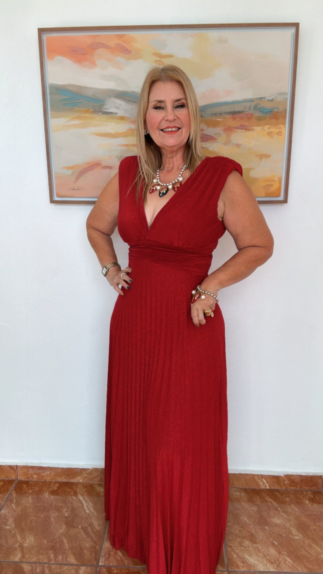 Italian Sleeveless V-neck pleated Maxi Dress Red