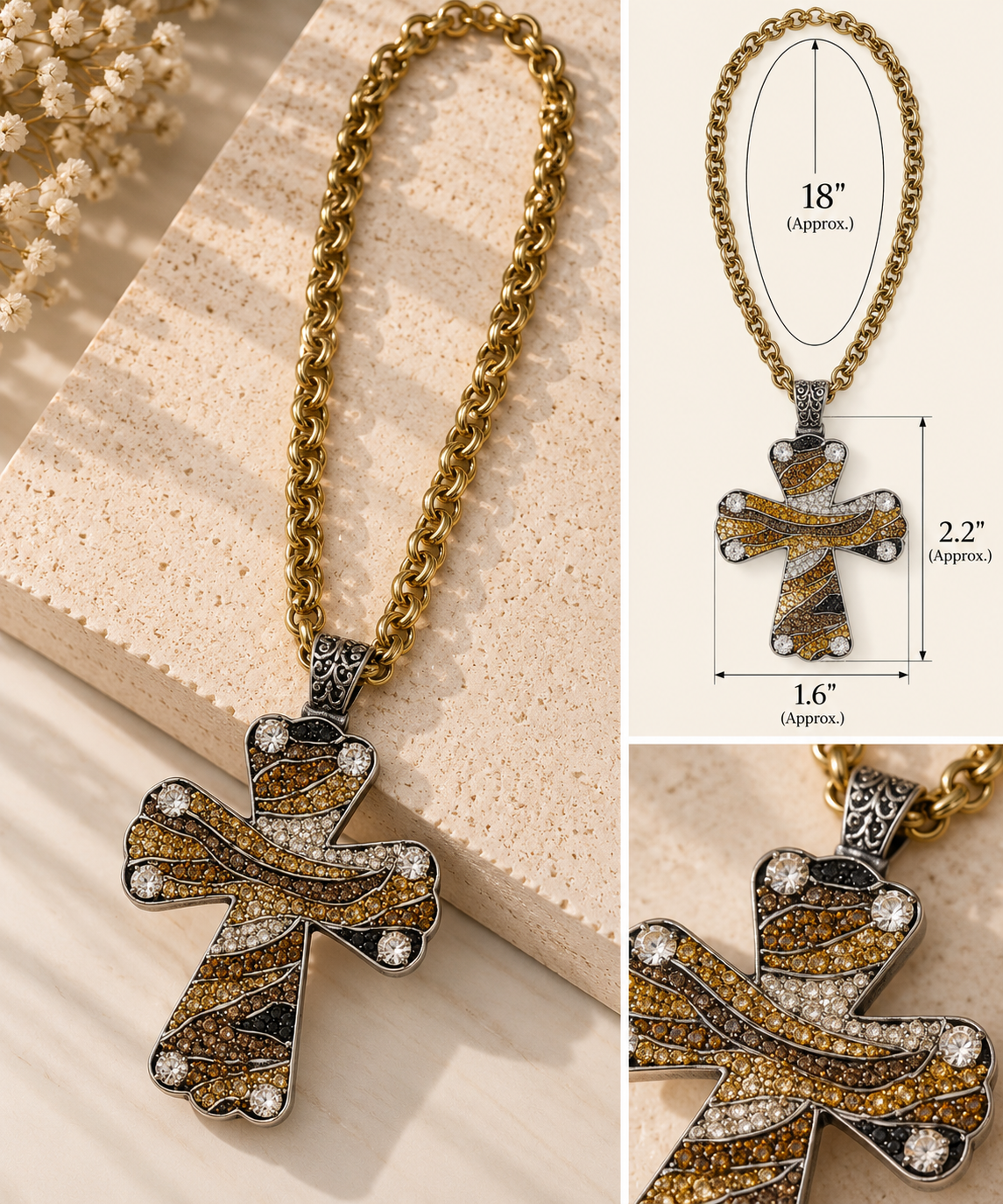 Golden Wave Crystal Cross Necklace