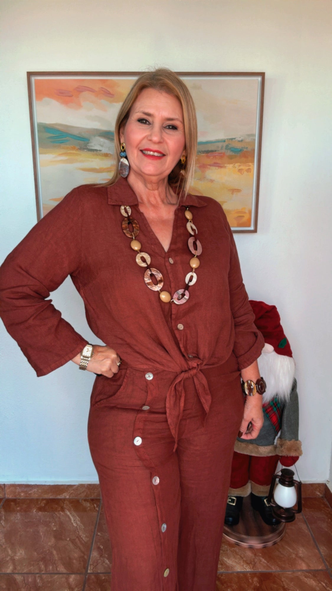 Italian Linen Set with Buttons Rusty Brown