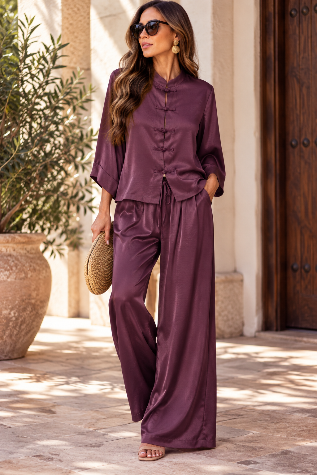 Italian Satin Mandarin Set – Plum