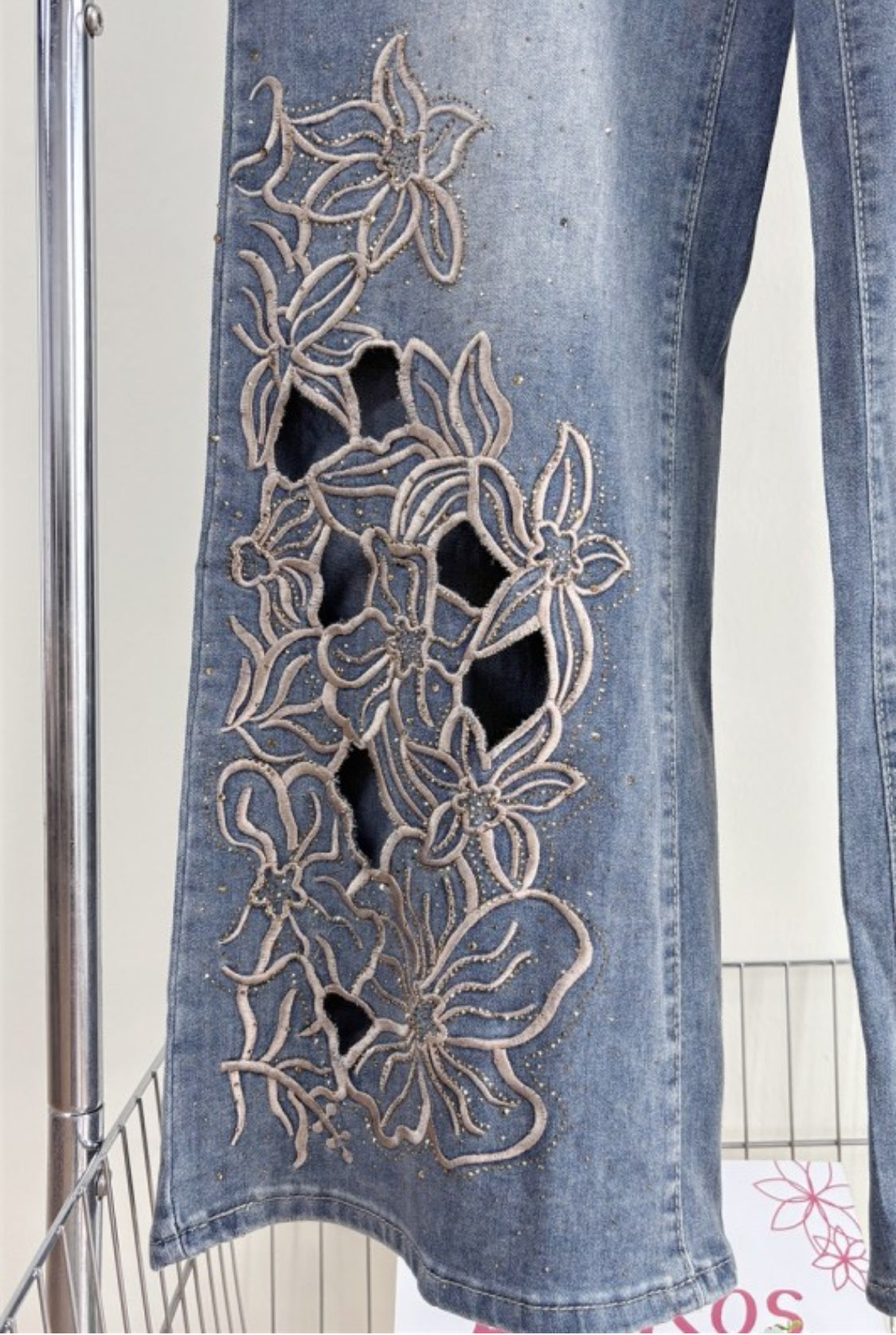 Wide Leg Jean With Floral Cutouts Embroidery