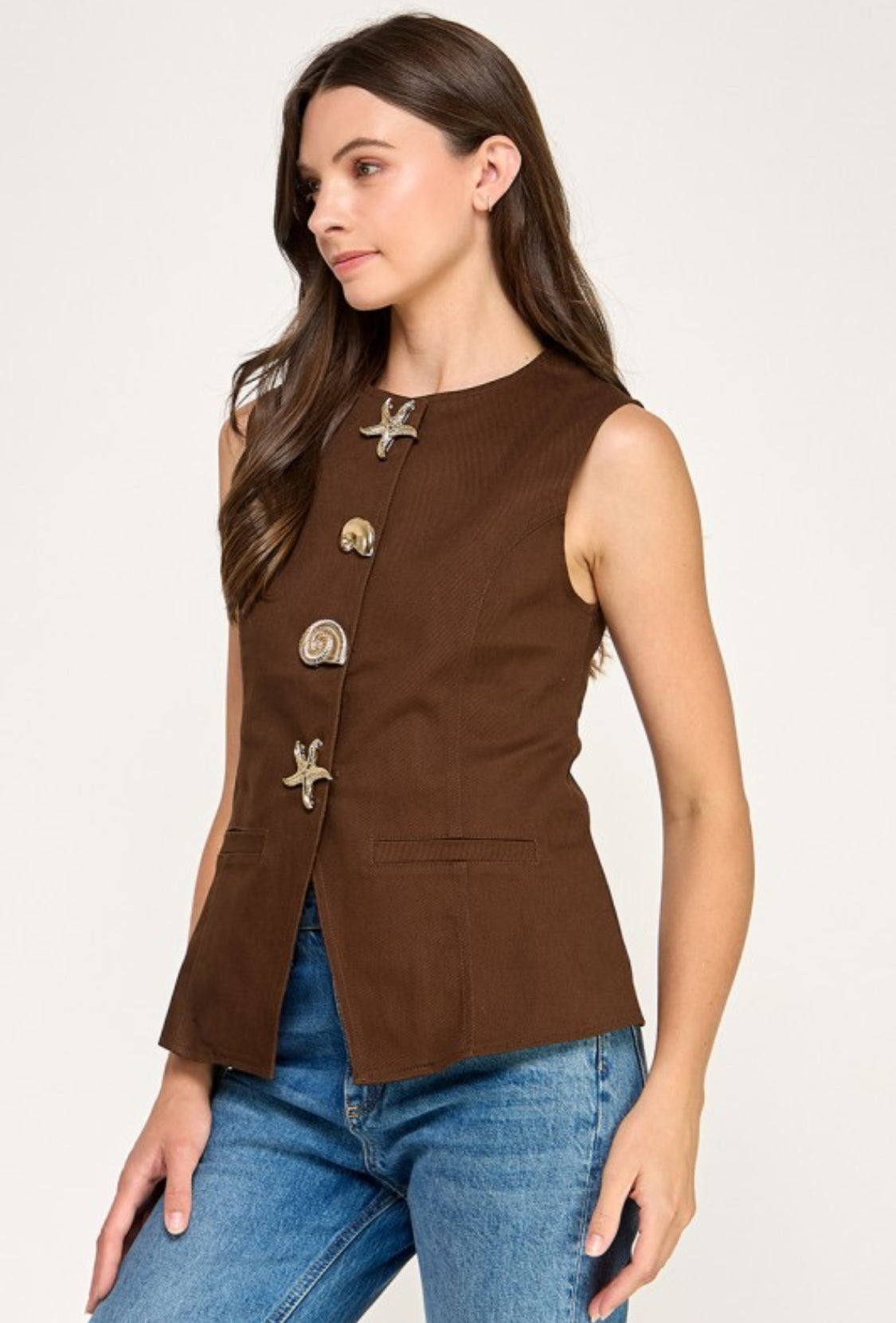 Sleeveless Metal Button Detail Denim Shirt Brown