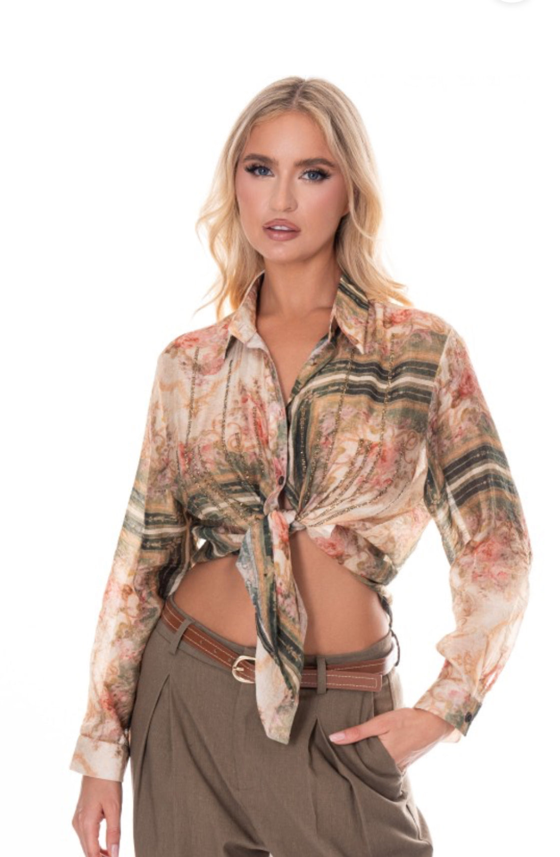 Long Sleeves Top with Glitter Accent Multi Green