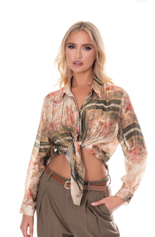 Long Sleeves Top with Glitter Accent Multi Green