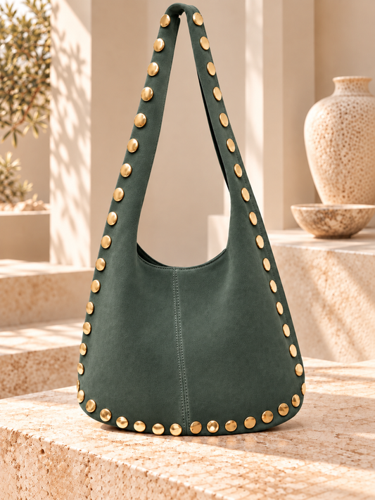 Sage green Gold Studded Hobo Bag Italian Leather
