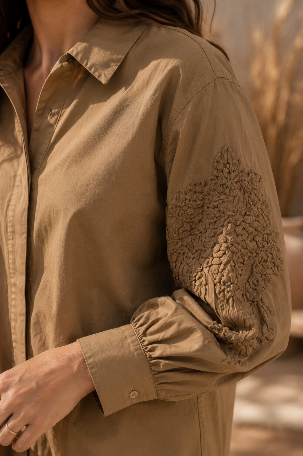 Italian Shirt with Sleeves Embroidery Taupe