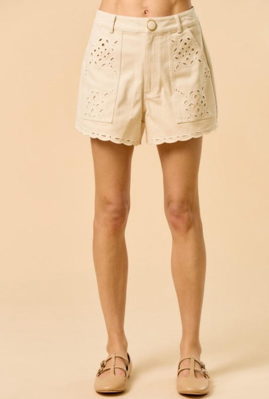 Embroidered Scalloped Hem Shorts