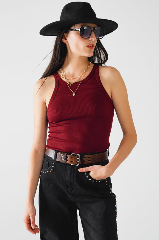 Sleeveless burgundy Top With Ribbed details in Red