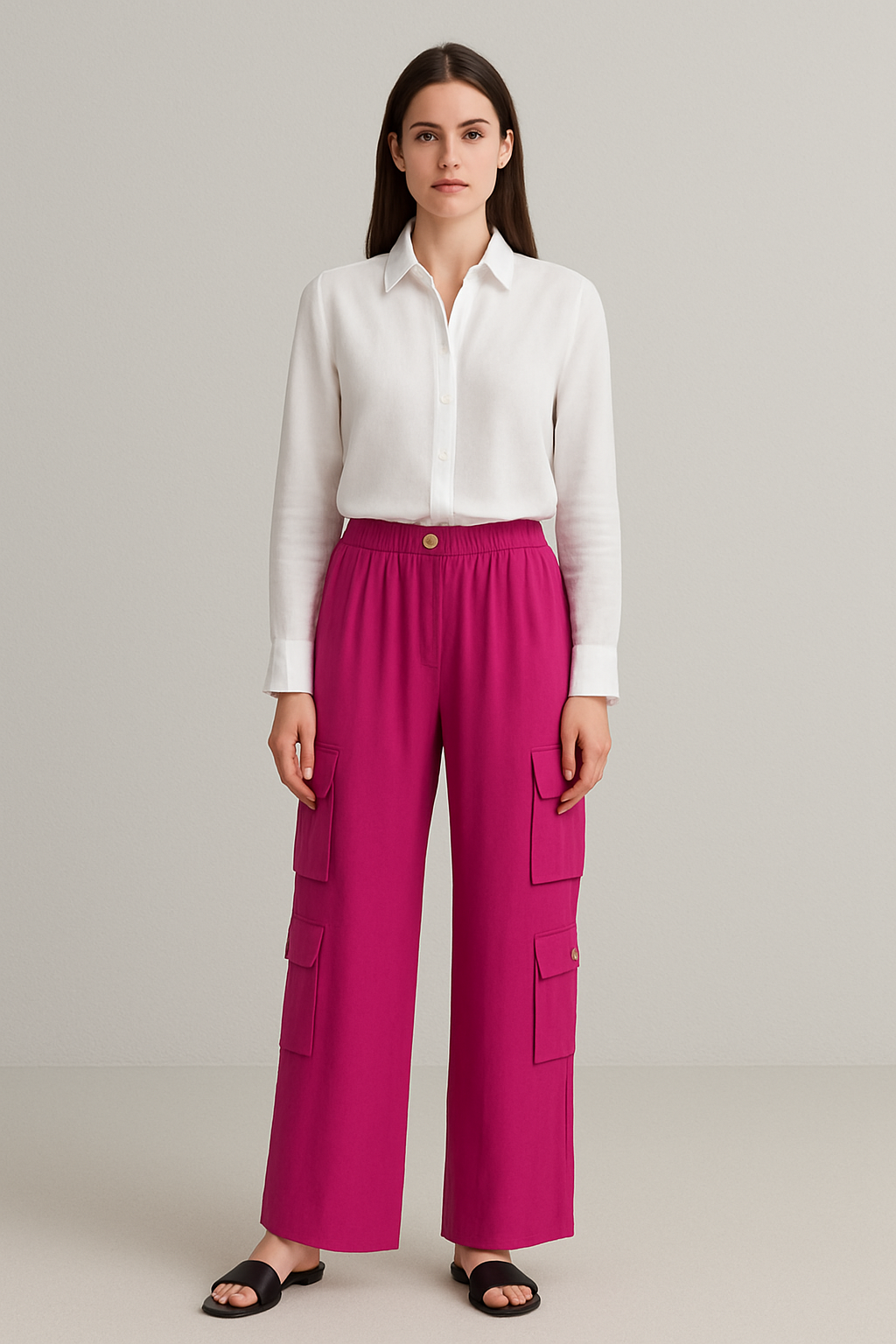Cargo Gold Buttons Pants in Fushia