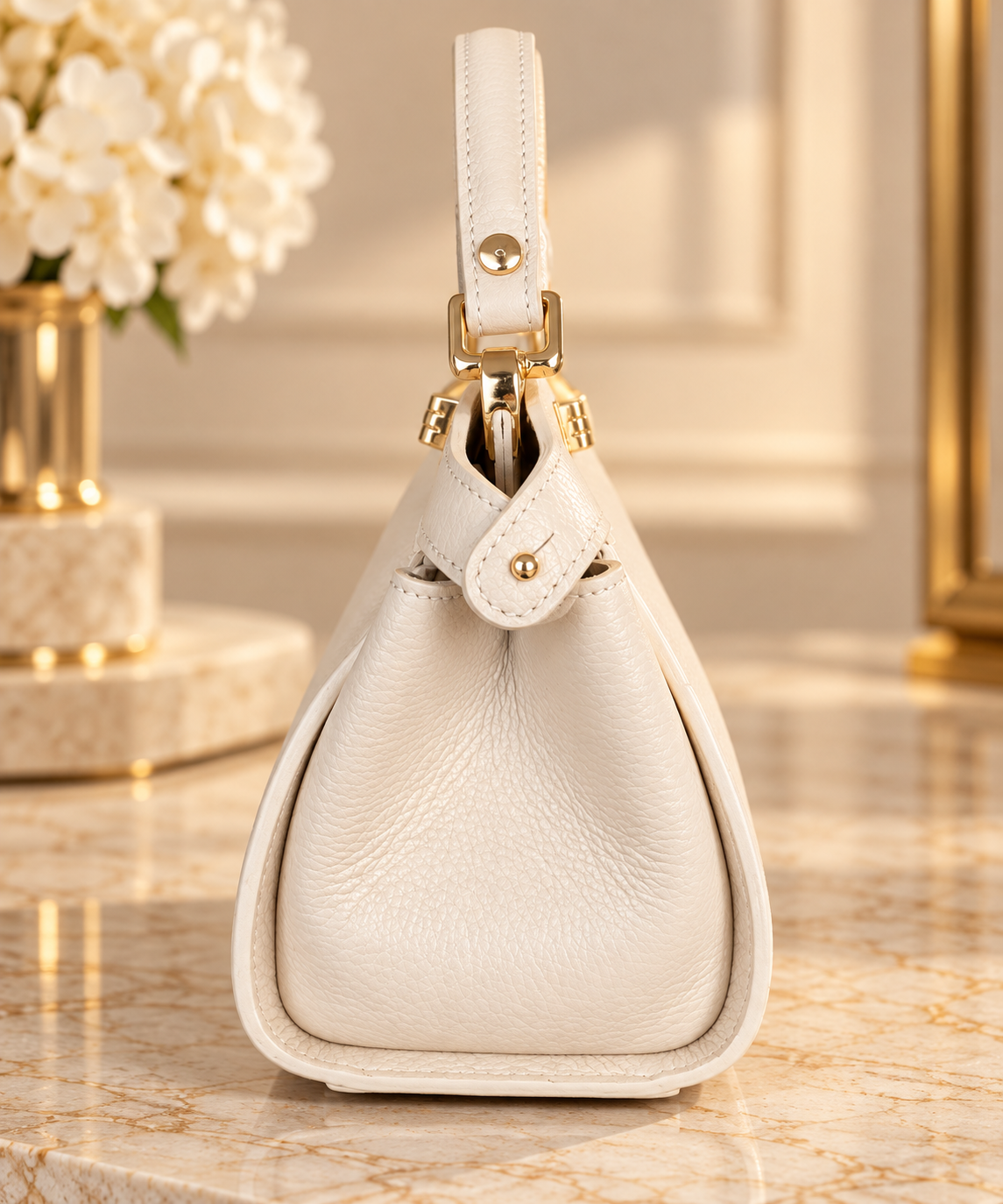 Ivory Italian Leather Structured Top Handle Handbag