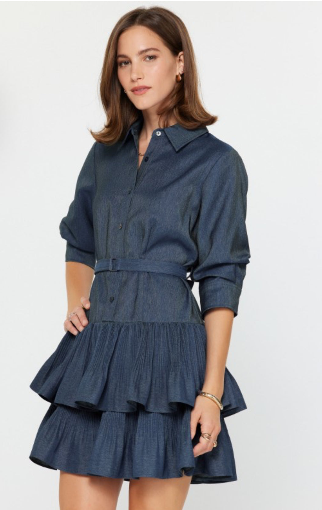 Denim Tiered Mini Shirt Dress