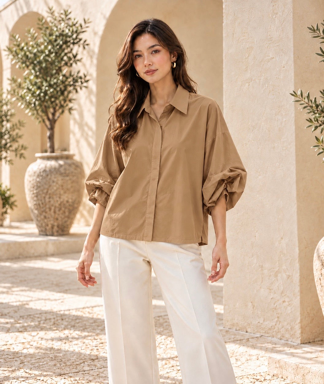 Camel Italian Volume Sleeve Blouse