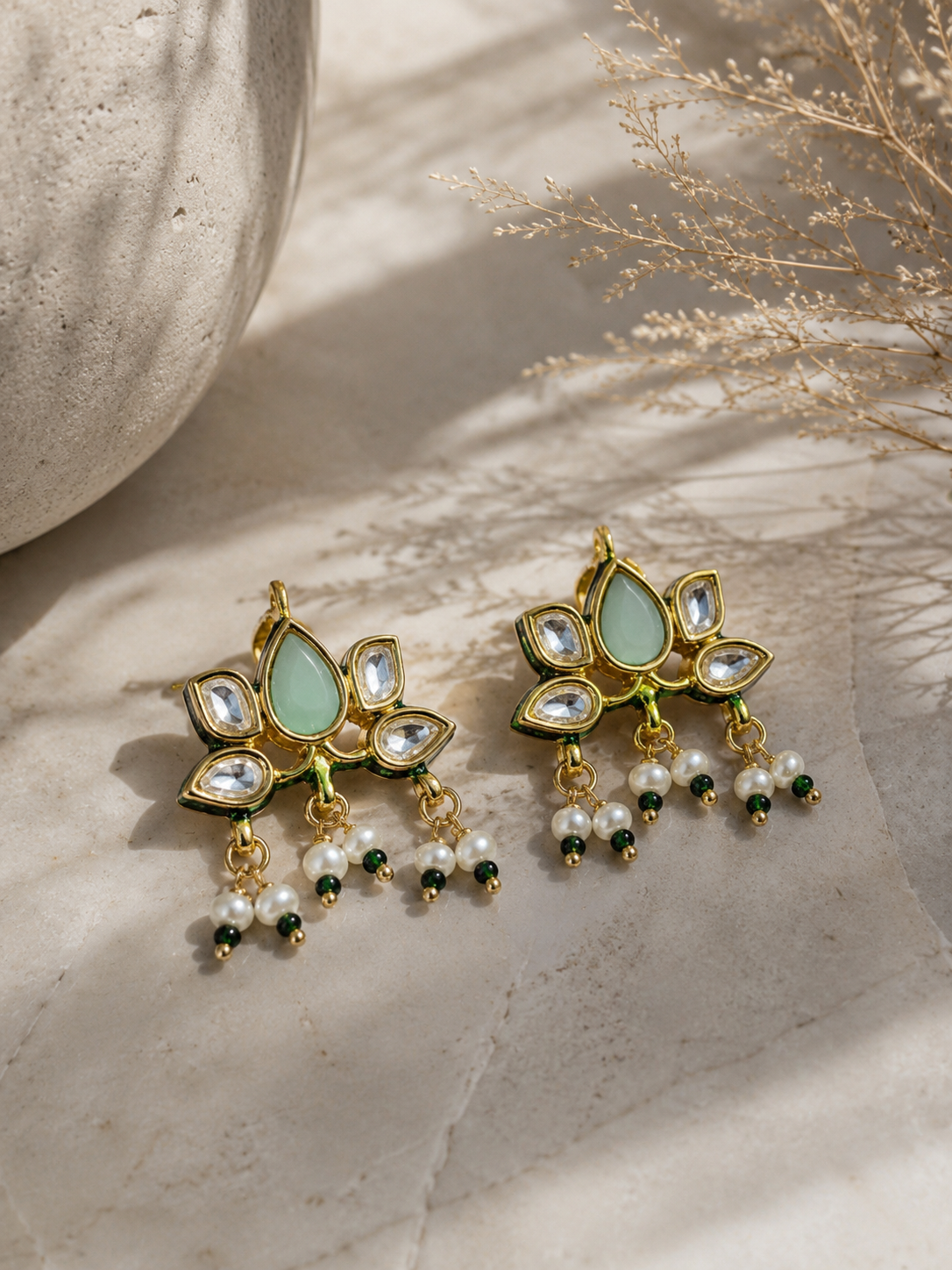 Mint Lotus Kundan Earrings