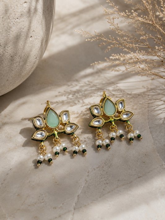 Mint Lotus Kundan Earrings