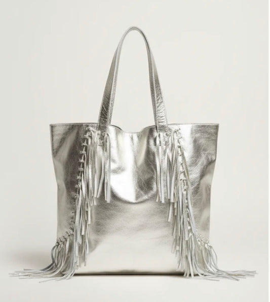 Metallic Silver Fringe Tote Bag