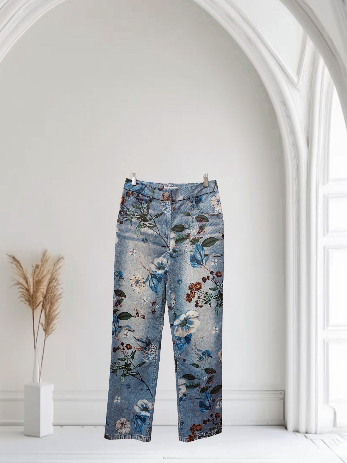Denim Print Pants Floral Blue
