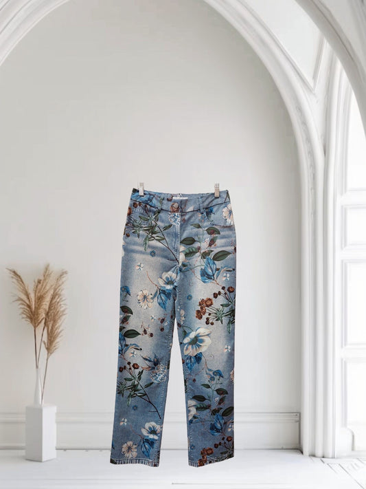 Denim Print Pants Floral Blue